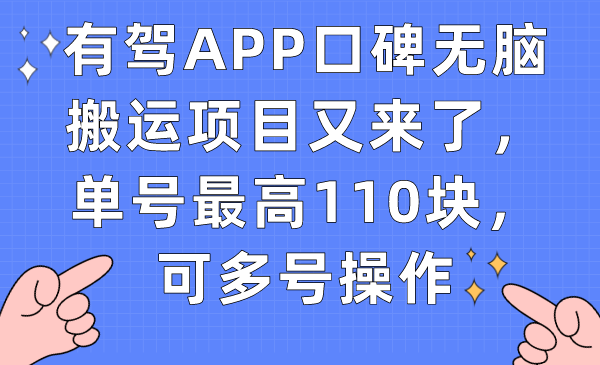 有驾APP口碑无脑搬运项目又来了，单号最高110块，可多号操作-云阁资源网