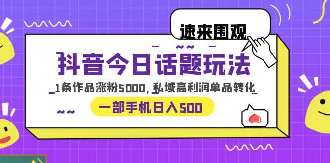 抖音今日话题玩法，1条作品涨粉5000，私域高利润单品转化 一部手机日入500-云阁资源网