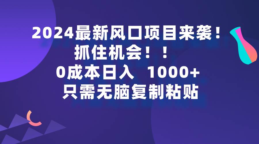 2024最新风口项目来袭，抓住机会，0成本一部手机日入1000+，只需无脑复…-云阁资源网