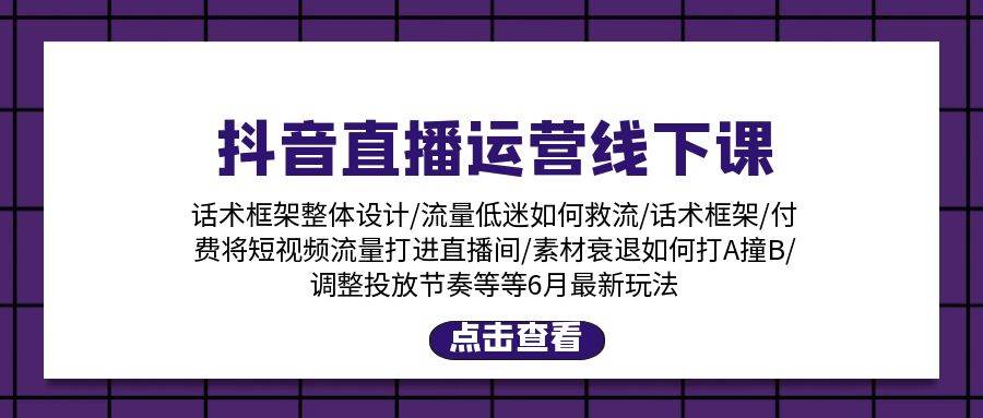 抖音直播运营线下课：话术框架/付费流量直播间/素材A撞B/等6月新玩法-云阁资源网