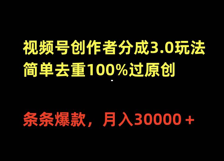 视频号创作者分成3.0玩法，简单去重100%过原创，条条爆款，月入30000＋-云阁资源网