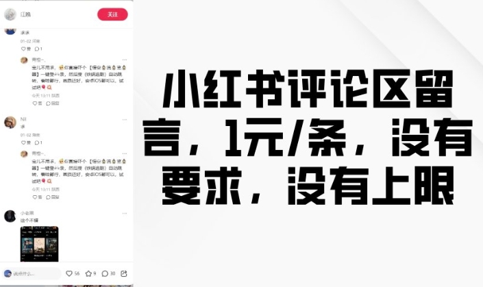 小红书评论区留言，1元条，没有要求，没有上限-云阁资源网