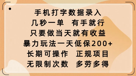 手机打字数据录入，几秒一单，有手就行，只要做当天就有收益，暴力玩法一天低保2张-云阁资源网