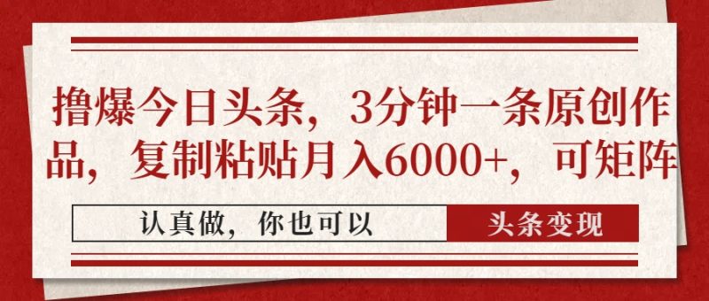 撸爆今日头条,3分钟一条原创作品,复制粘贴月入6000+,可矩阵-云阁资源网