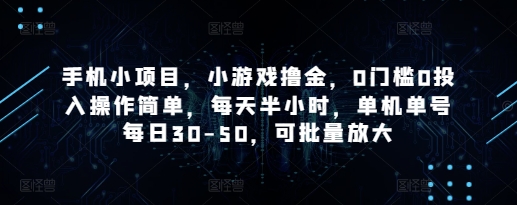 手机小项目，小游戏撸金，0门槛0投入操作简单，每天半小时，单机单号每日30-50，可批量放大-云阁资源网