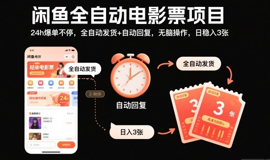 闲鱼全自动电影票项目，24h爆单不停，全自动发货+自动回复，无脑操作，日稳入3张【揭秘】-云阁资源网