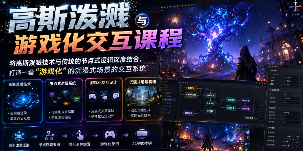 高斯泼溅与游戏化交互课程，将高斯泼溅技术与传统的节点式逻辑深度结合，打造一套“游戏化”的沉浸式场景的交互系统-云阁资源网