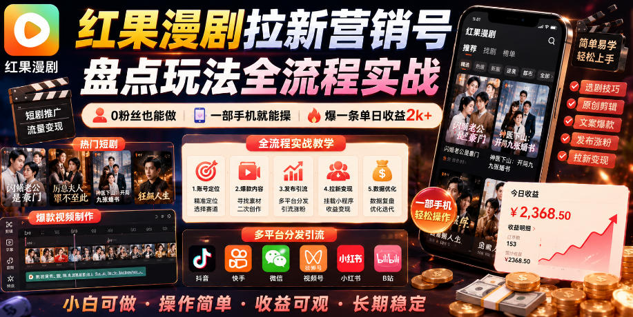 红果漫剧拉新营销号盘点玩法全流程实战，0粉丝也能做，一部手机就能做，爆一条单日收益2k+(更新0628)-云阁资源网