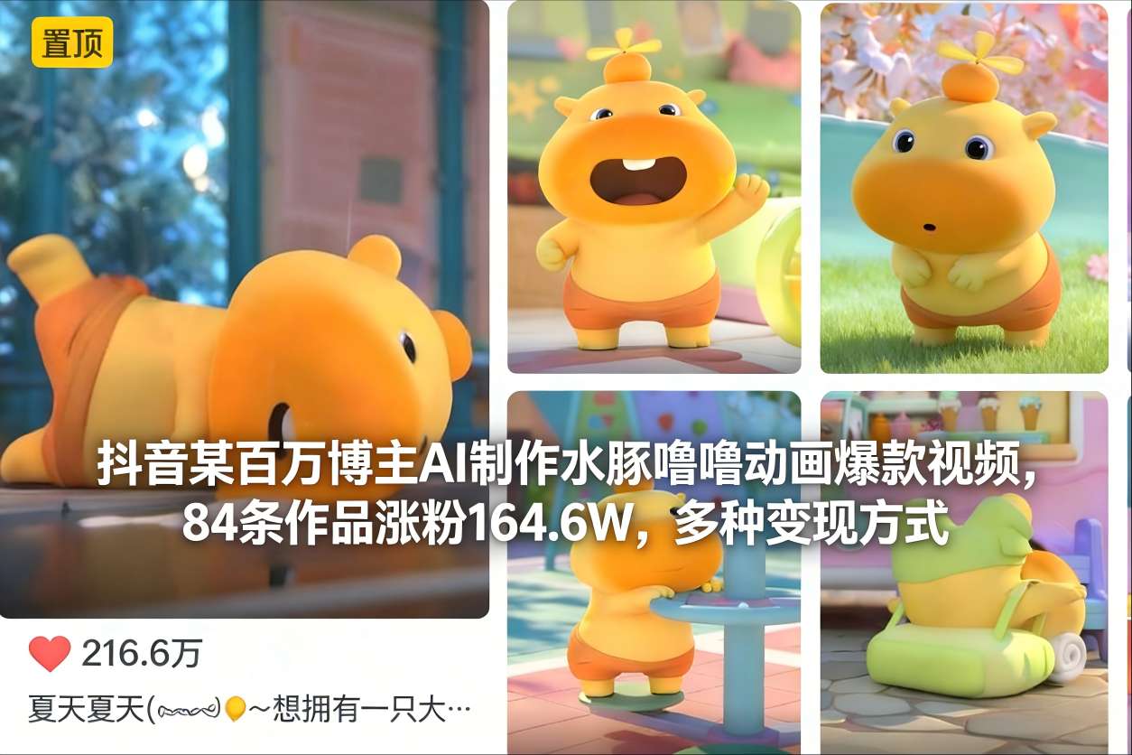 抖音某百万博主AI制作水豚噜噜动画爆款视频，84条作品涨粉164.6W，多种变现方式-云阁资源网