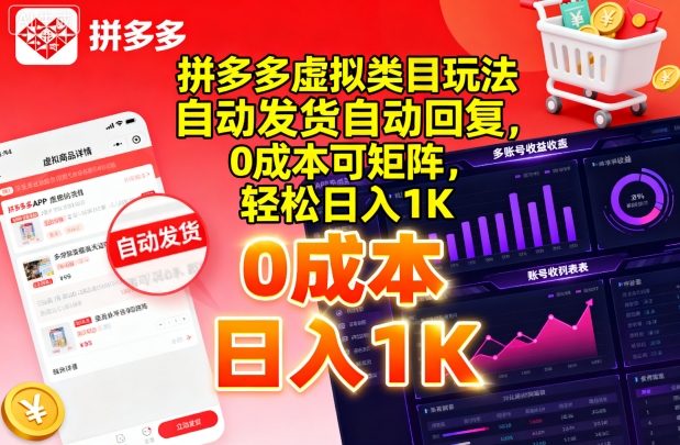 拼多多虚拟类目玩法，自动发货自动回复，0成本可矩阵，轻松日入1K【揭秘】-云阁资源网