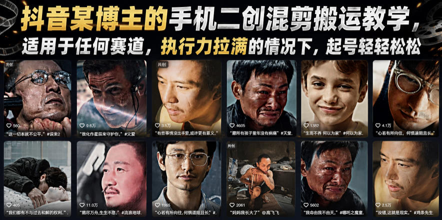 抖音某博主的手机二创混剪搬运教学，适用于任何赛道，执行力拉满的情况下，起号轻轻松松-云阁资源网