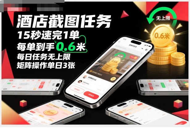 酒店截图任务，15秒速完1单，每单到手0.6米，每日任务无上限，全网首发玩法，矩阵操作单日3张【揭秘】-云阁资源网