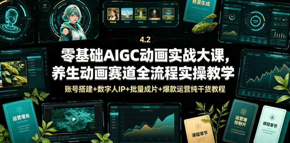零基础AIGC动画实战大课，养生动画赛道全流程实操教学，账号搭建+数字人IP+批量成片+爆款运营纯干货教程-云阁资源网