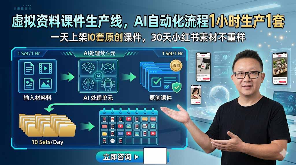 虚拟资料课件生产线，AI自动化流程1小时生产1套，一天上架10套原创课件，30天小红书素材不重样-云阁资源网