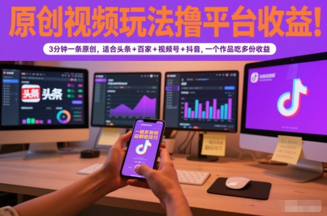 原创视频玩法撸平台收益,3分钟一条原创,适合头条+百家+视频号+抖音,一个作品吃多份收益-云阁资源网