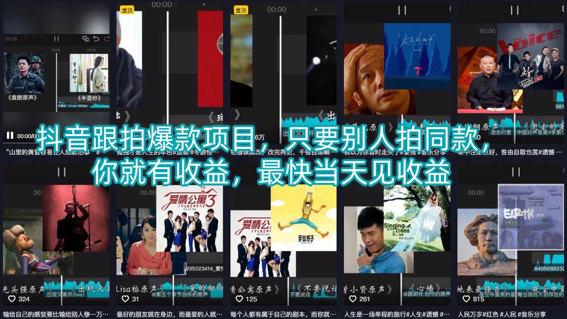 抖音跟拍爆款项目，只要别人拍同款，你就有收益，最快当天见收益-云阁资源网