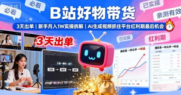 B站好物带货，3天出单，新手月入1W实操拆解，AI生成视频，抓住平台红利期最后机会-云阁资源网