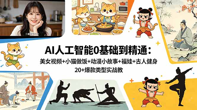 AI人工智能0基础到精通:美女视频+小猫做饭+动漫小故事+福娃+古人健身,20+爆款类型实战教学-云阁资源网