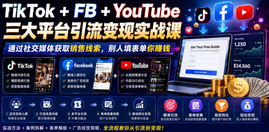 TikTok+FB+YouTube三大平台引流变现实战课，通过社交媒体获取销售线索，别人填表单你賺钱【原创双语字幕】-云阁资源网