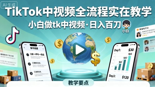 TikTok中视频全流程实操教学，小白做tk中视频，日入百刀-云阁资源网
