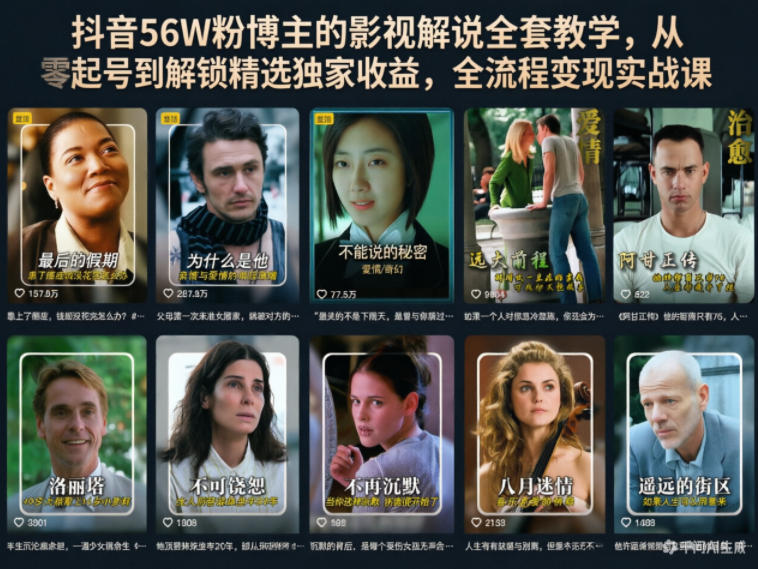 抖音56W粉博主的影视解说全套教学，从零起号到解锁精选独家收益，全流程变现实战课-云阁资源网