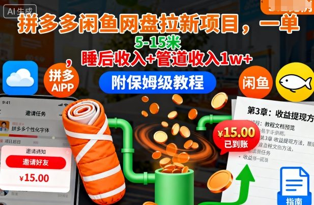 拼多多闲鱼网盘拉新项目，一单5-15米，睡后收入+管道收入1w+(附保姆级教程)-云阁资源网