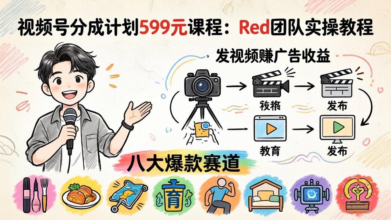 视频号分成计划599元课程：Red团队实操教程，发视频赚广告收益，八大爆款赛道全掌握-云阁资源网