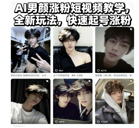 AI男颜涨粉短视频教学,全新玩法,快速起号涨粉-云阁资源网