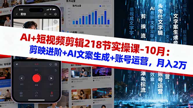 AI+短视频剪辑218节实操课-10月:剪映进阶+AI文案生成+账号运营,月入2万-云阁资源网