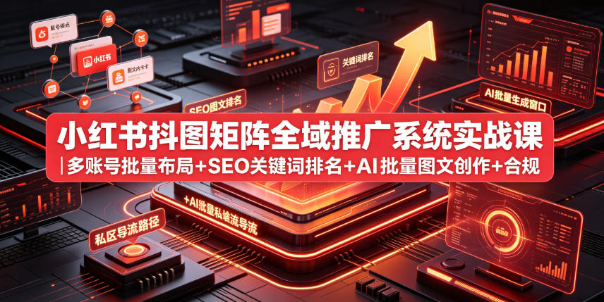 小红书抖图矩阵全域推广系统实战课｜多账号批量布局+SEO关键词排名+AI批量图文创作+合规私域导流完整落地教程-云阁资源网