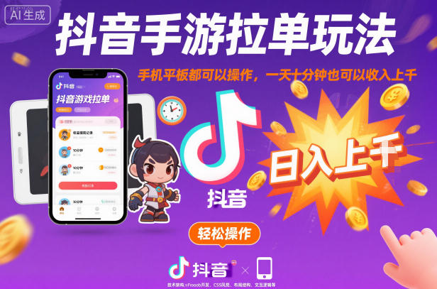 抖音手游拉单玩法，手机平板都可以操作，一天十分钟也可以收入上K【揭秘】-云阁资源网