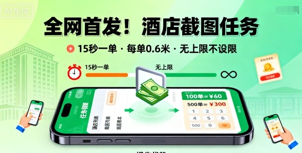 全网首发！酒店截图任务，15秒一单，每单0.6米，任务无上限不设限，矩阵操作单日3张到手【揭秘】-云阁资源网