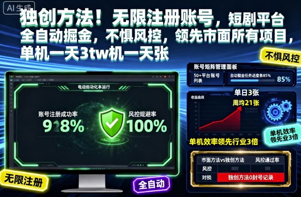 独创方法!无限注册账号,短剧平台全自动掘金,不惧风控,领先市面所有项目,单机一天3张【揭秘】-云阁资源网