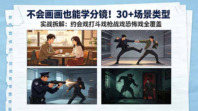 不会画画也能学分镜!30+场景类型实战拆解:约会戏打斗戏枪战戏恐怖戏全覆盖-云阁资源网