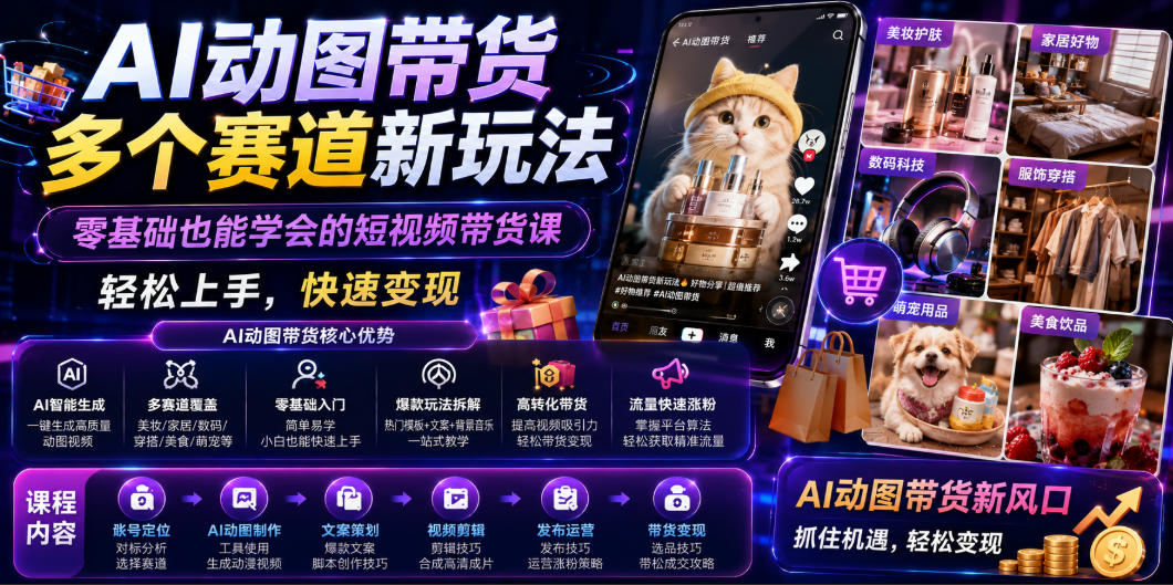 AI动图带货多个赛道新玩法，零基础也能学会的短视频带货课，轻松上手，快速变现-云阁资源网