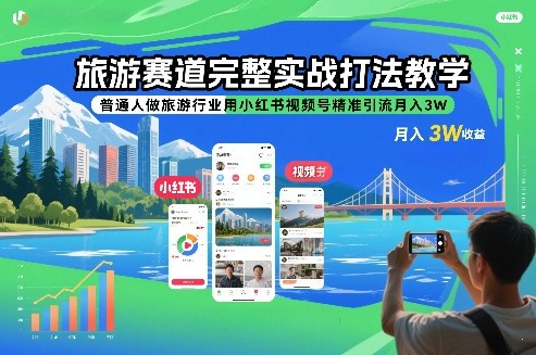 旅游赛道完整实战打法教学,普通人做旅游行业用小红书视频号精准引流月入3W-云阁资源网