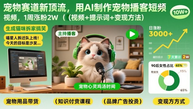 宠物赛道新顶流,用AI制作宠物播客短视频,1周涨粉2W(视频+提示词+变现方法)-云阁资源网