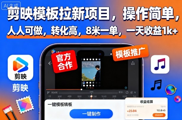 剪映模板拉新项目,操作简单,人人可做,转化高,8米一单,一天收益1k+-云阁资源网