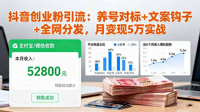 抖音创业粉引流：养号对标+文案钩子+全网分发，月变现5万实战-云阁资源网