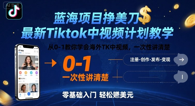 蓝海项目挣美刀，最新Tiktok中视频计划教学，从0-1教你学会海外TK中视频，一次性讲清楚-云阁资源网