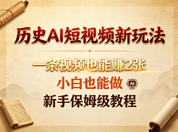 历史AI短视频新玩法，一条视频也能賺2张，小白也能做，新手保姆级教程-云阁资源网
