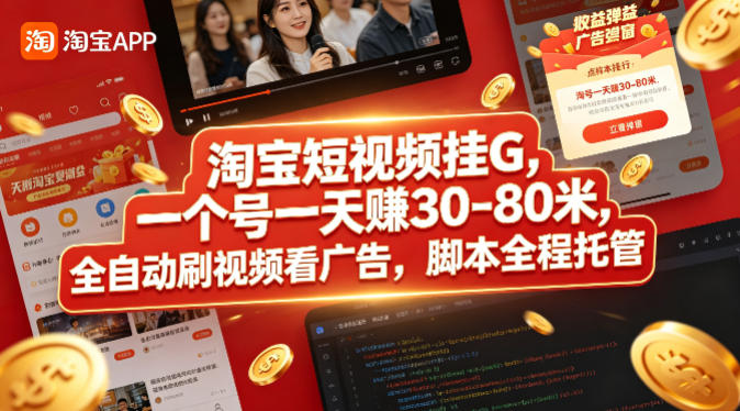 淘宝短视频挂G，一个号一天 賺30-80米，全自动刷视频看广告，脚本全程托管【揭秘】-云阁资源网