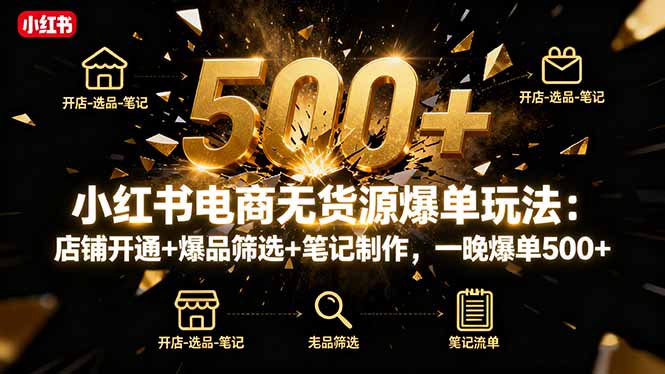 小红书电商无货源爆单玩法：店铺开通+爆品筛选+笔记制作，一晚爆单500+-云阁资源网