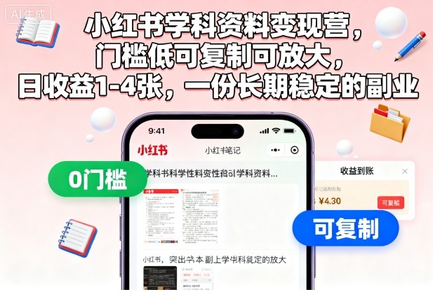 小红书学科资料变现营，门槛低可复制可放大，日收益1-4张，一份长期稳定的副业-云阁资源网
