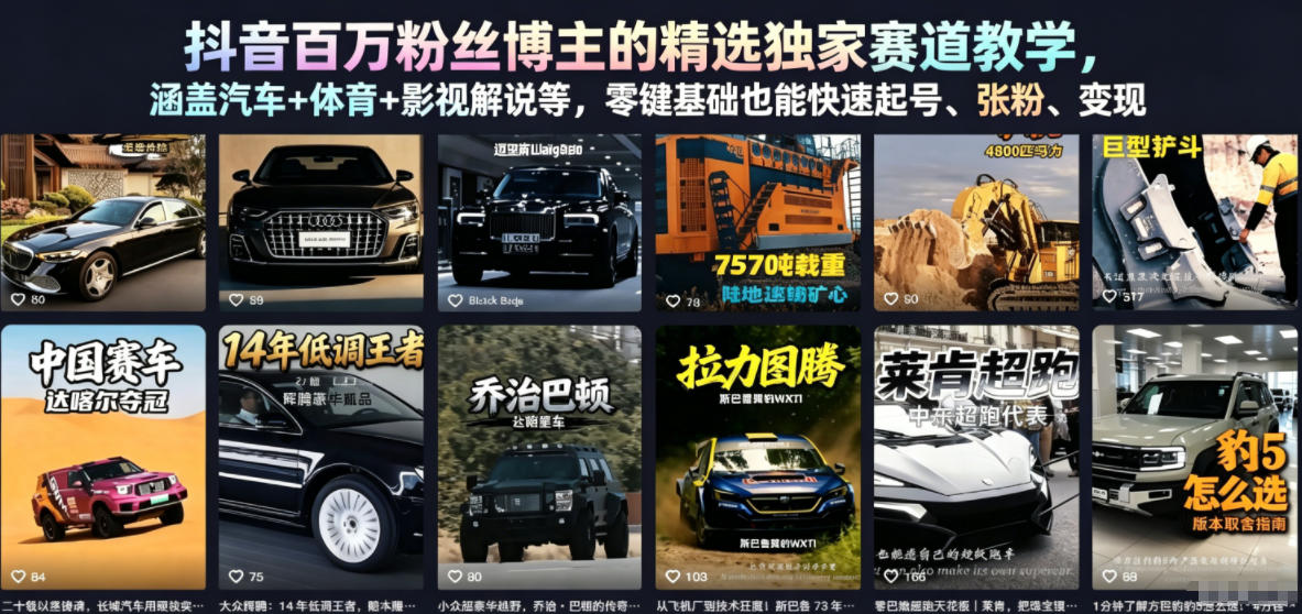抖音百万粉丝博主的精选独家赛道教学,涵盖汽车+体育+影视解说等,零基础也能快速起号、涨粉、变现-云阁资源网