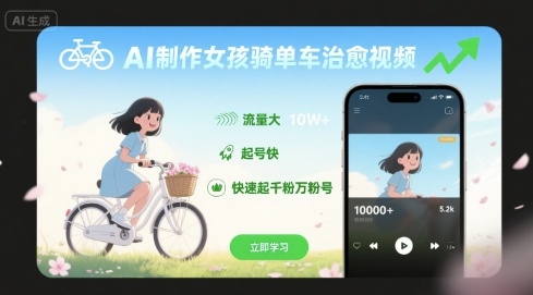 AI制作女孩骑单车治愈视频，流量大，起号快，快速起千粉万粉号-云阁资源网