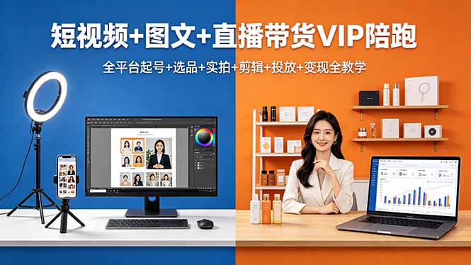 短视频+图文+直播带货VIP陪跑，全平台起号+选品+实拍+剪辑+投放+变现全教学-云阁资源网