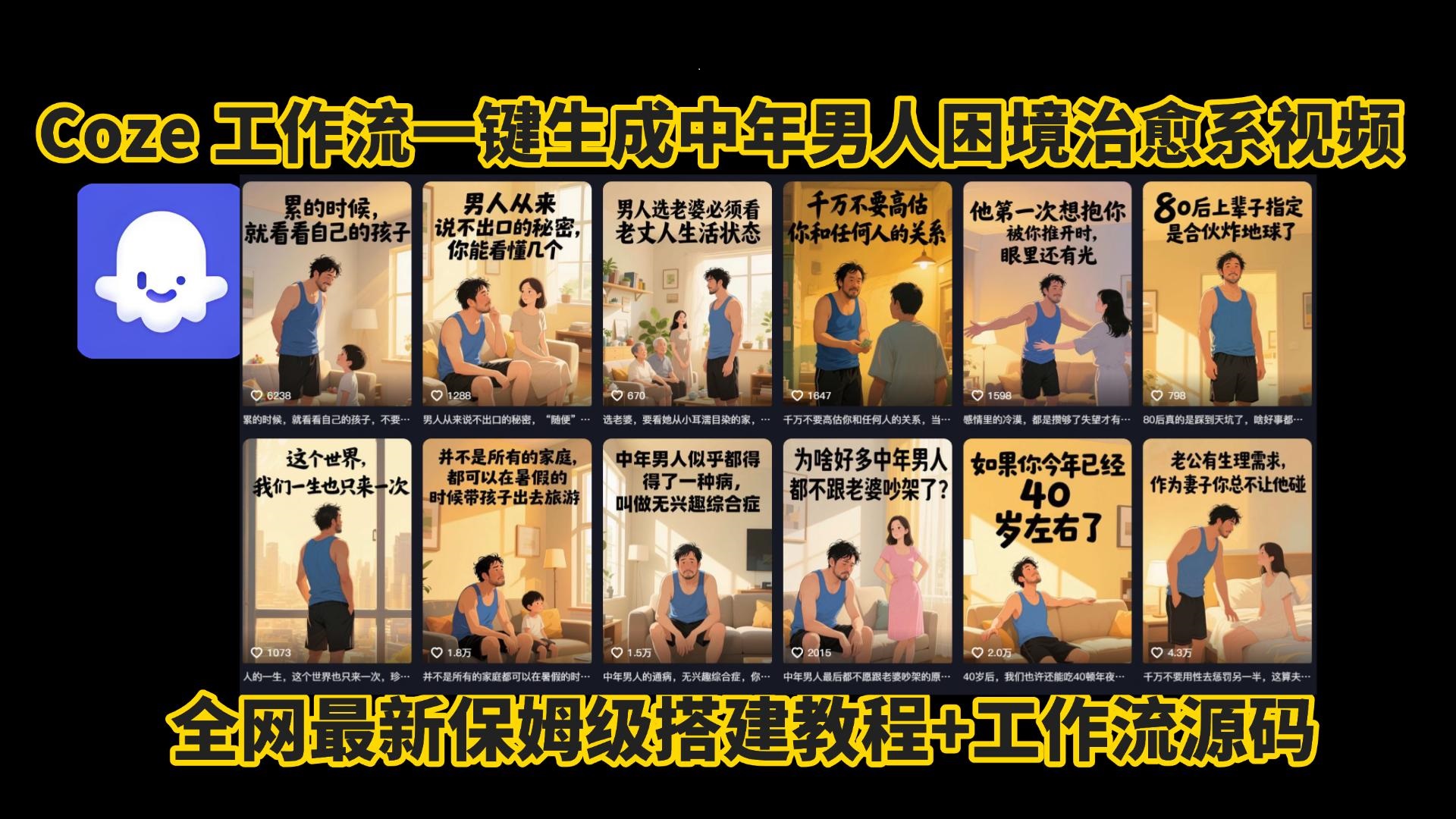 coze工作流一键生成，中年男人困境扎心高涨粉高播放量图文视频，保姆级拆解教程，无需剪辑，无需拍摄写文案智能体拆解教程-云阁资源网