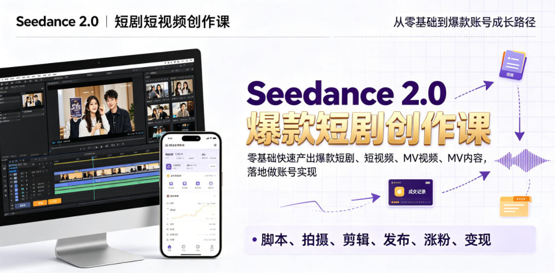 Seedance 2.0短剧短视频创作课，零基础快速产出爆款短剧、短视频、MV内容，落地做账号实现变现-云阁资源网