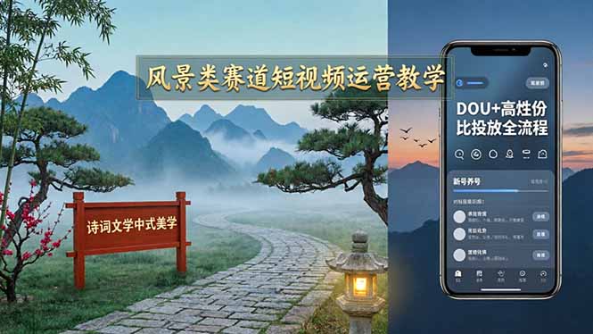 风景类赛道短视频运营教学：诗词文学中式美学，新号养号对标账号定位，DOU+高性价比投放全流程-云阁资源网